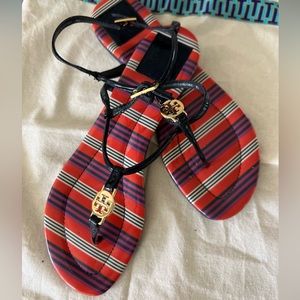 Tory Burch Emmy Navy T-Strap Leather Sandals